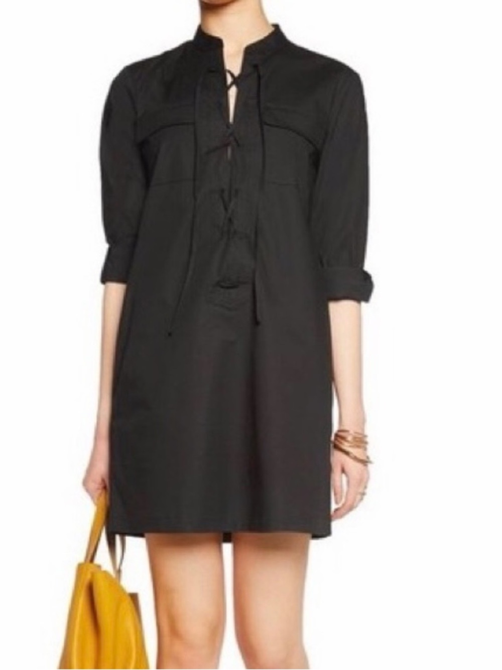 Theory Jullitah Dress Black Silk Shift Tunic Dress Lace-Up Minimalist Designer